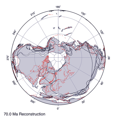 Paleogeographic map N polar projection at 70 million years ago
