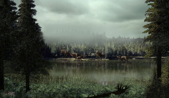 Reconstruction of a polar forest 70 million years ago. Conifers and hadrosaurs